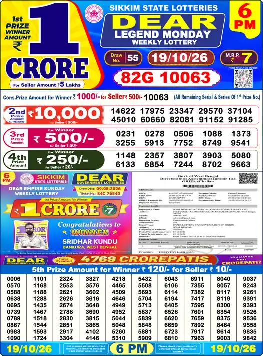 Lottery Sambad 6 PM result 19 Oct 2026