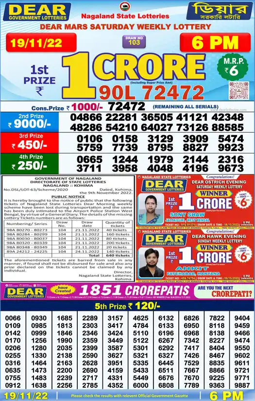 Lottery Sambad 6 PM result 19 Nov 2022
