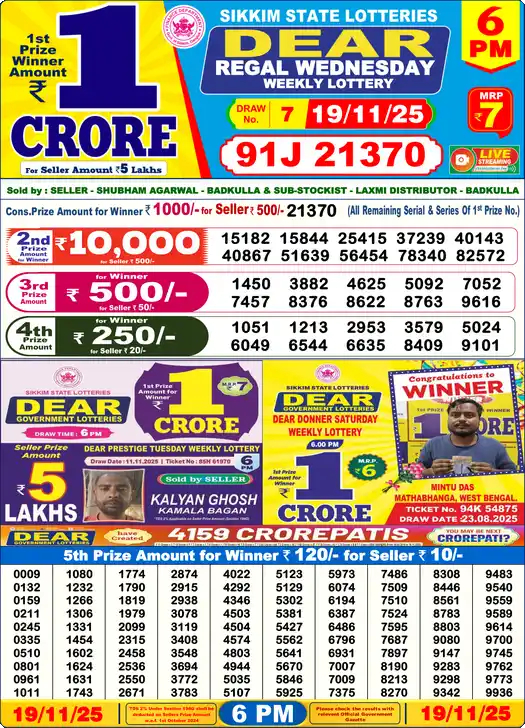 Lottery Sambad 6 PM result 19 Nov 2025