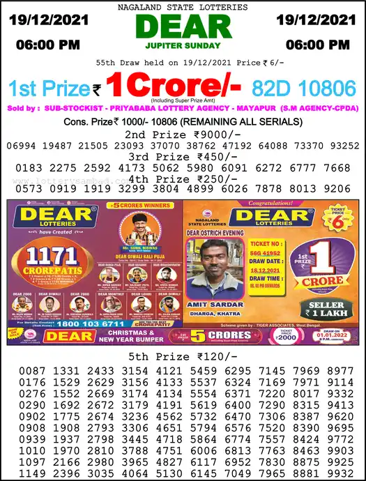 Lottery Sambad 6 PM result 19 Dec 2021