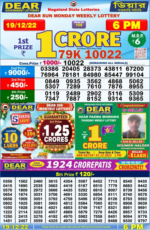Lottery Sambad 6 PM result 19 Dec 2022