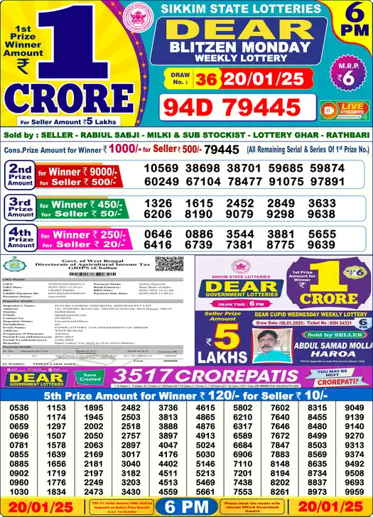 Lottery Sambad 6 PM result 20 Jan 2025