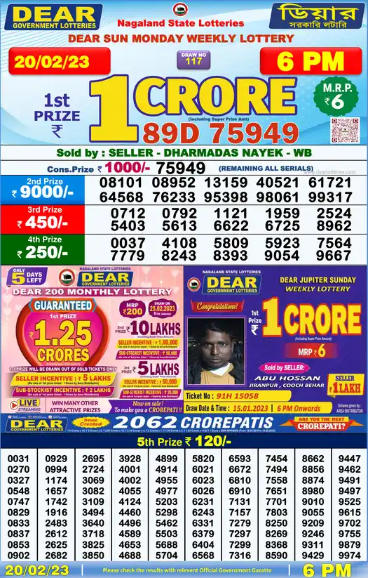 Lottery Sambad 6 PM result 20 Feb 2023