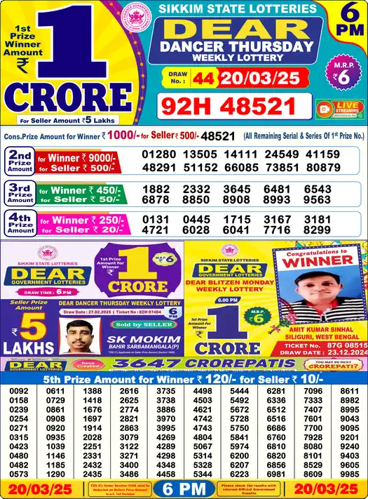 Lottery Sambad 6 PM result 20 Mar 2025