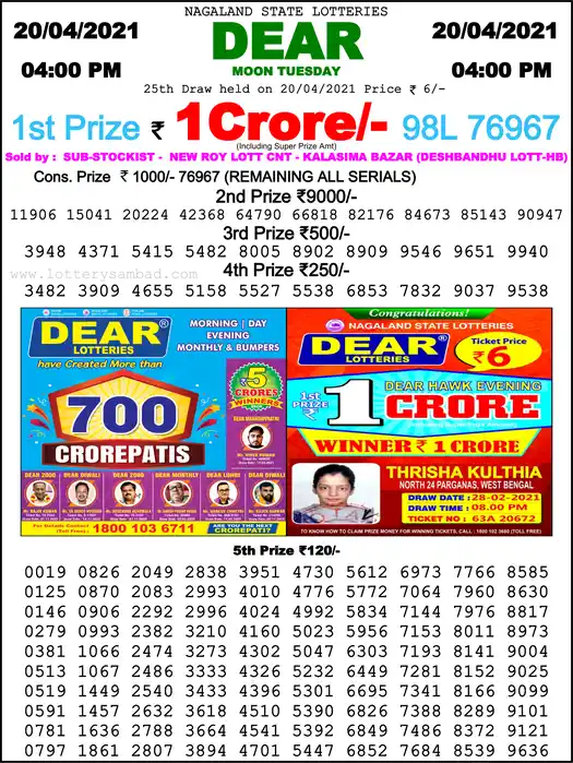 Lottery Sambad 6 PM result 20 Apr 2021
