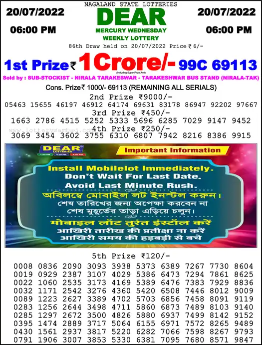 Lottery Sambad 6 PM result 20 Jul 2022