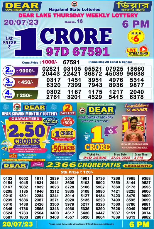 Lottery Sambad 6 PM result 20 Jul 2023