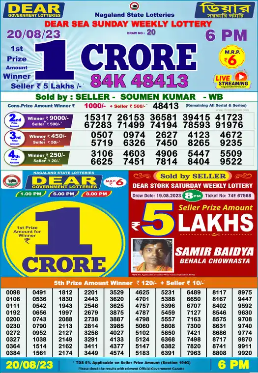 Lottery Sambad 6 PM result 20 Aug 2023