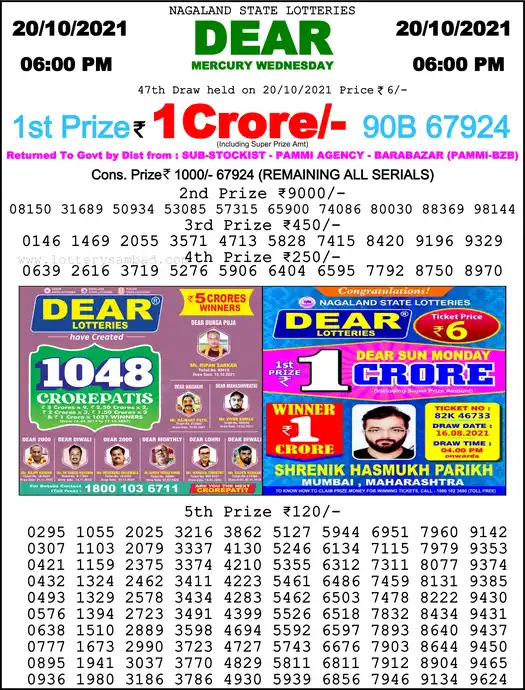 Lottery Sambad 6 PM result 20 Oct 2021