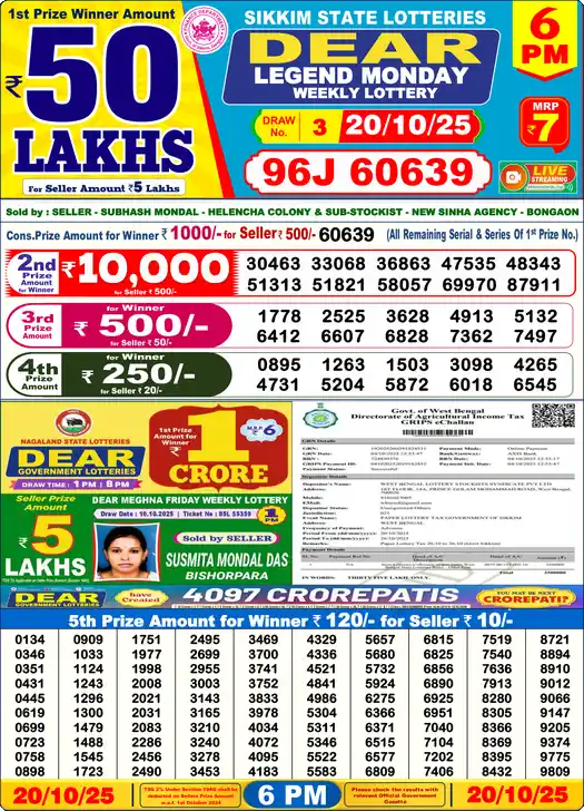 Lottery Sambad 6 PM result 20 Oct 2025