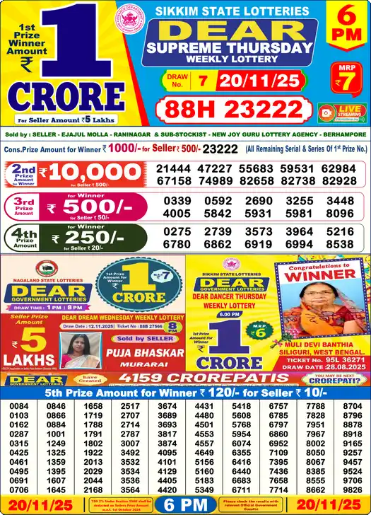 Lottery Sambad 6 PM result 20 Nov 2025
