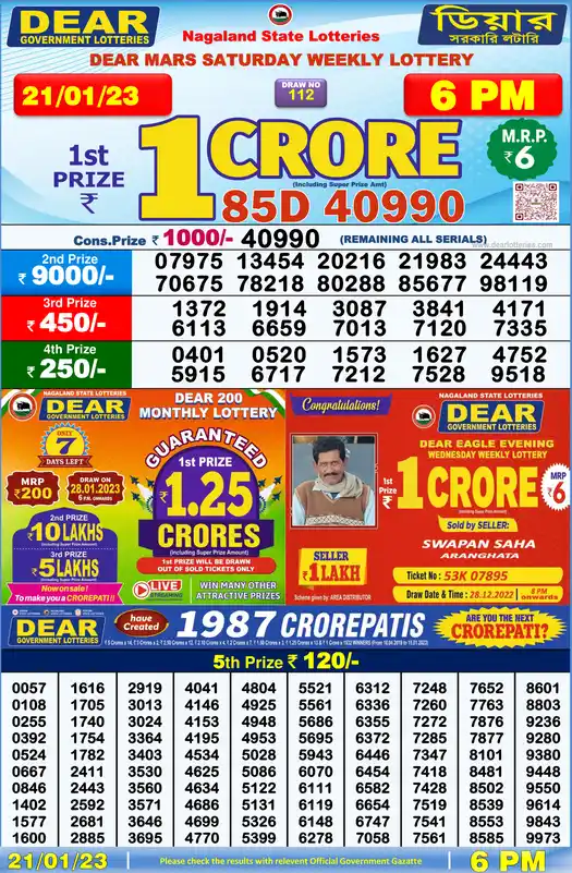 Lottery Sambad 6 PM result 21 Jan 2023