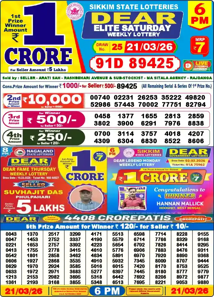 Lottery Sambad 6 PM result 21 Mar 2026