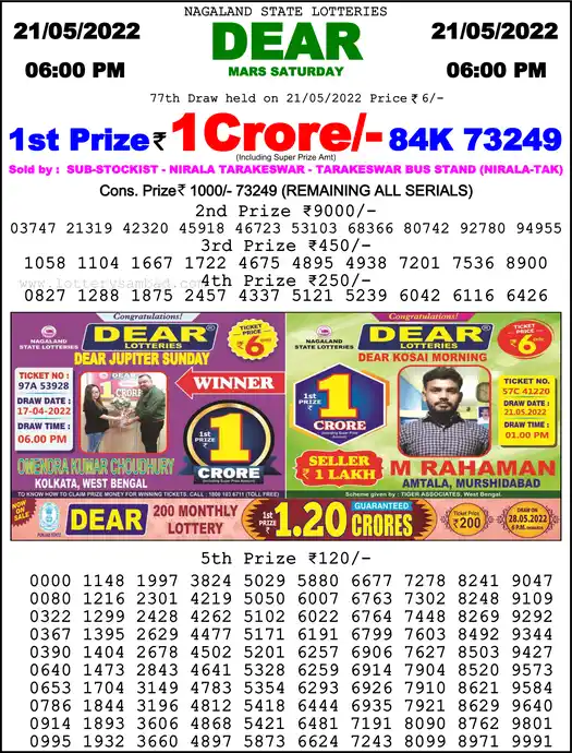 Lottery Sambad 6 PM result 21 May 2022