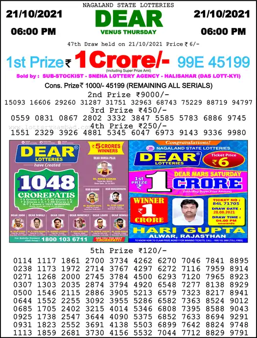 Lottery Sambad 6 PM result 21 Oct 2021
