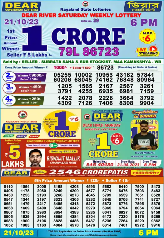 Lottery Sambad 6 PM result 21 Oct 2023