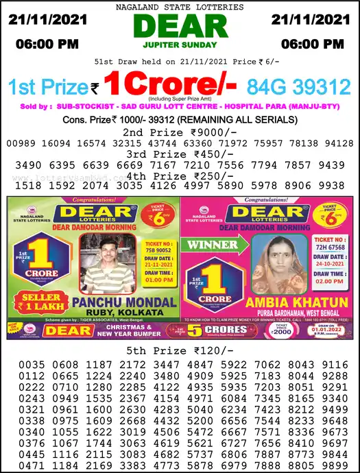 Lottery Sambad 6 PM result 21 Nov 2021