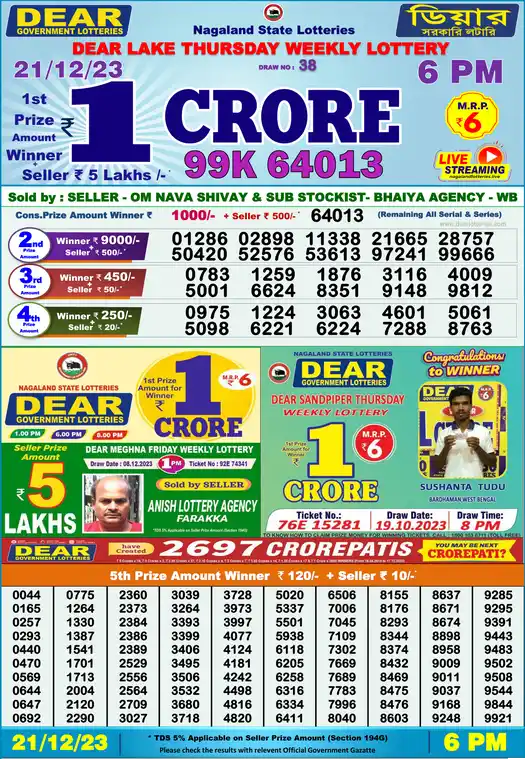 Lottery Sambad 6 PM result 21 Dec 2023