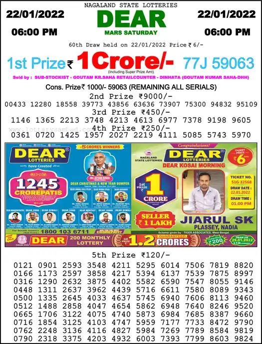 Lottery Sambad 6 PM result 22 Jan 2022