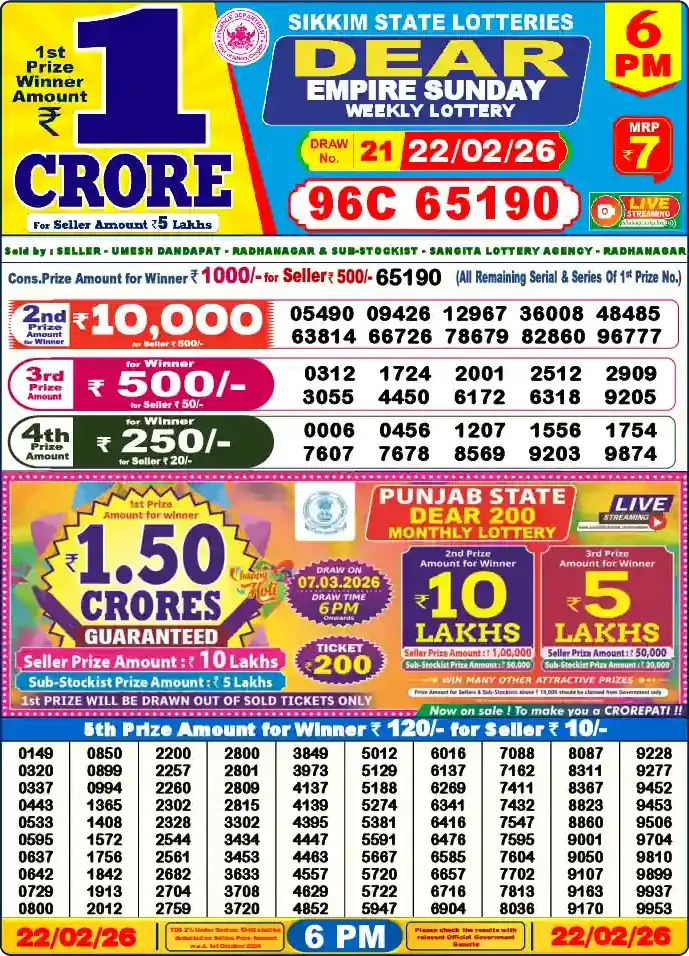 Lottery Sambad 6 PM result 22 Feb 2026