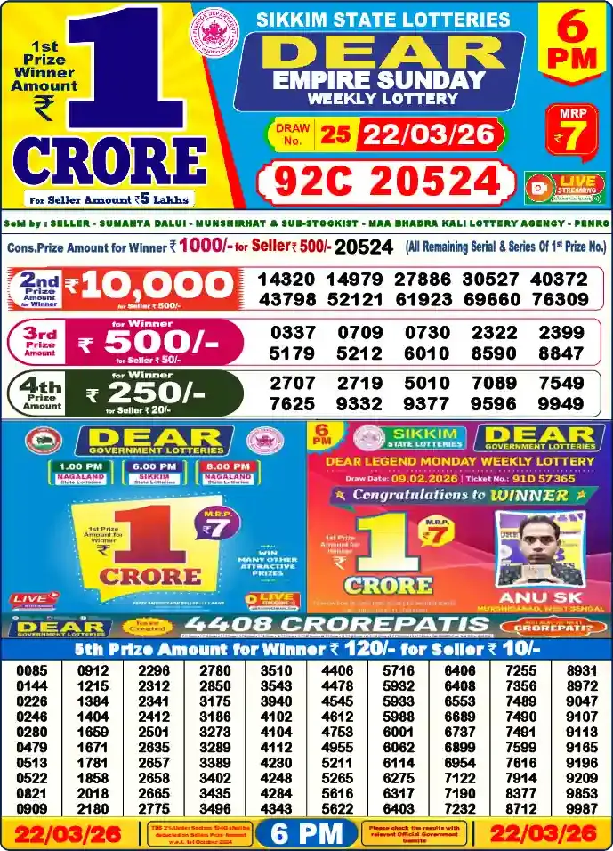 Lottery Sambad 6 PM result 22 Mar 2026