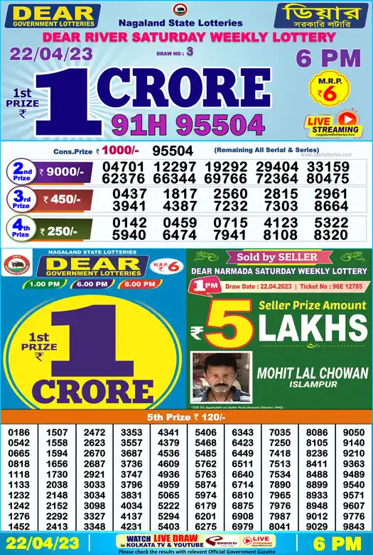Lottery Sambad 6 PM result 22 Apr 2023