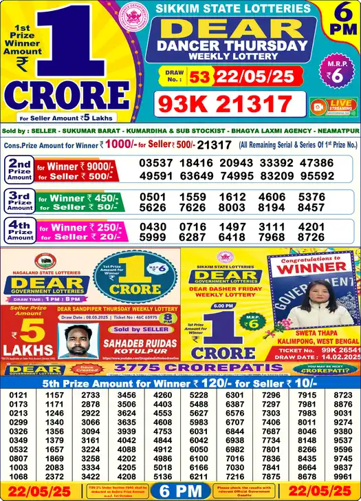 Lottery Sambad 6 PM result 22 May 2025