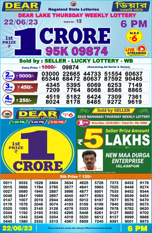 Lottery Sambad 6 PM result 22 Jun 2023
