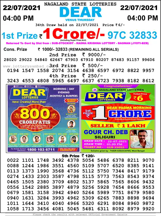 Lottery Sambad 6 PM result 22 Jul 2021