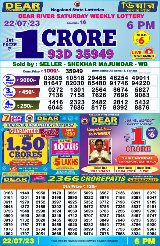Lottery Sambad 6 PM result 22 Jul 2023