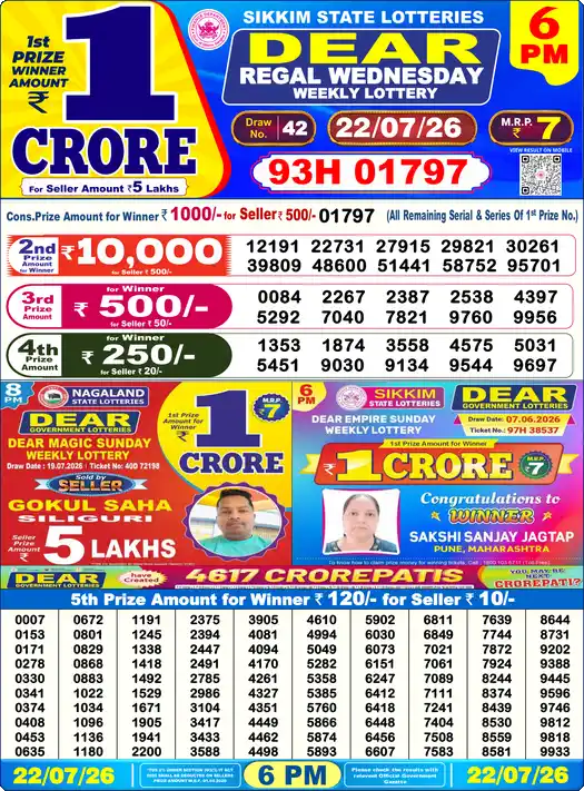 Lottery Sambad 6 PM result 22 Jul 2026