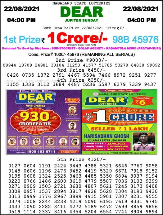 Lottery Sambad 6 PM result 22 Aug 2021