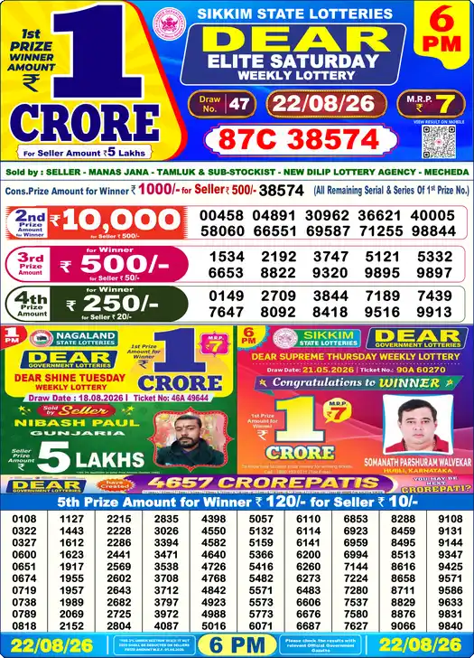 Lottery Sambad Today 6:00 PM Result 22 August 2026