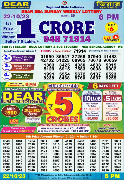 Lottery Sambad 6 PM result 22 Oct 2023