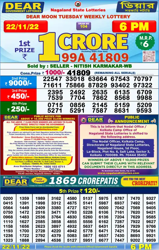 Lottery Sambad 6 PM result 22 Nov 2022