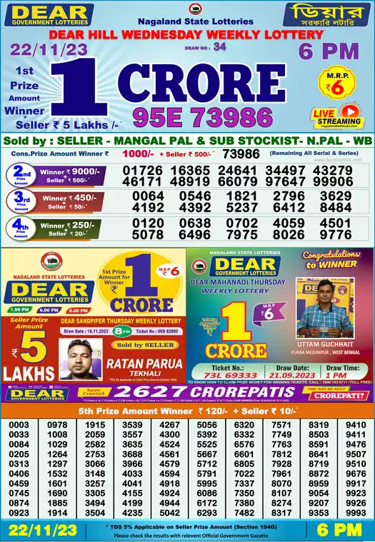 Lottery Sambad 6 PM result 22 Nov 2023