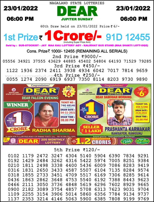 Lottery Sambad 6 PM result 23 Jan 2022