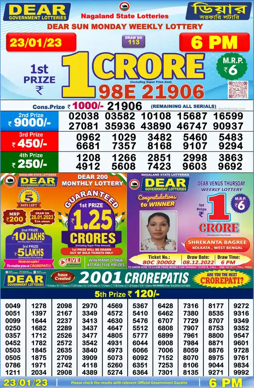 Lottery Sambad 6 PM result 23 Jan 2023