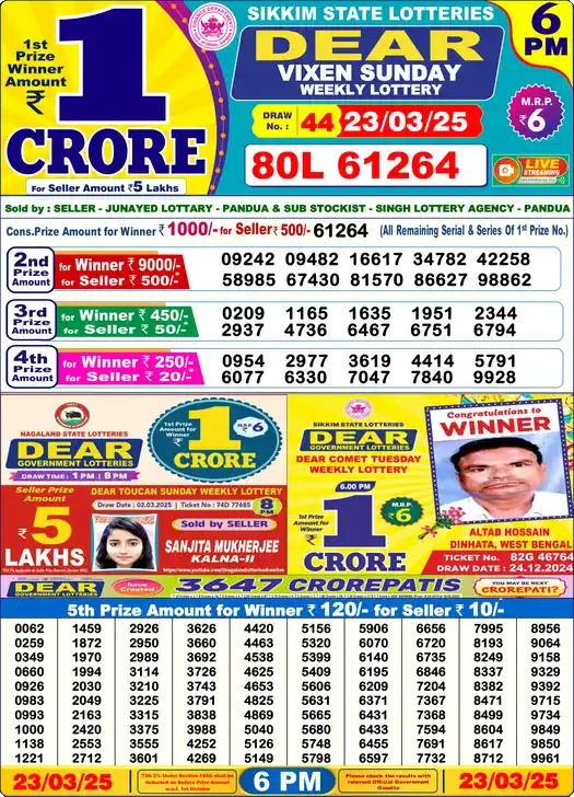Lottery Sambad 6 PM result 23 Mar 2025