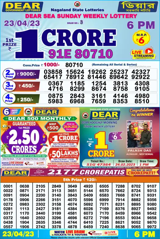 Lottery Sambad 6 PM result 23 Apr 2023