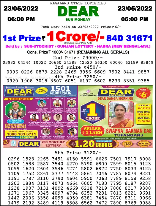 Lottery Sambad 6 PM result 23 May 2022