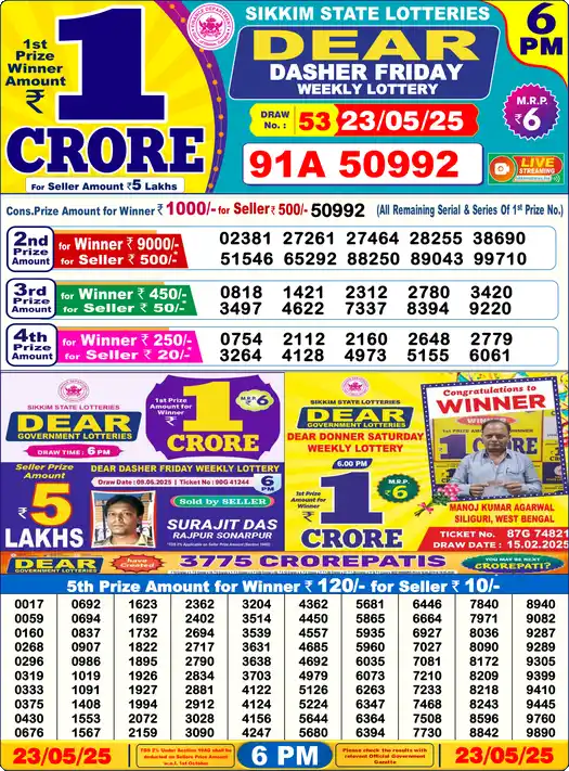 Lottery Sambad 6 PM result 23 May 2025