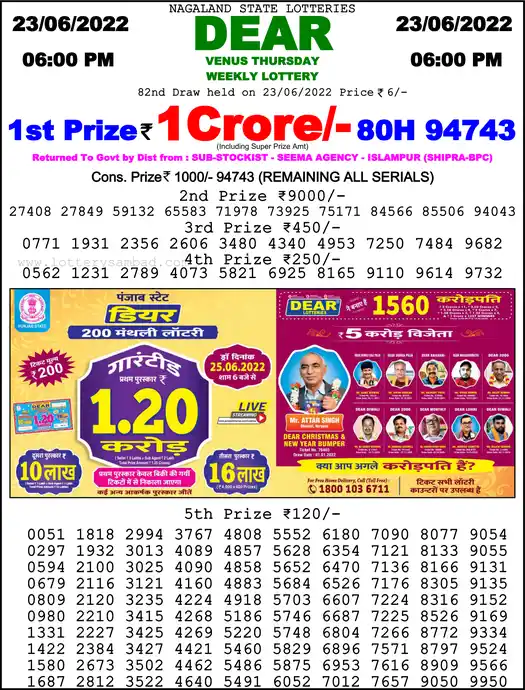 Lottery Sambad 6 PM result 23 Jun 2022