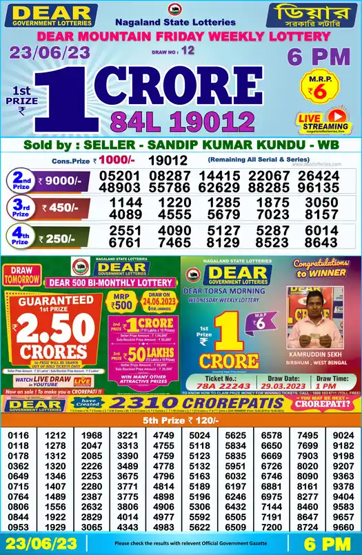 Lottery Sambad 6 PM result 23 Jun 2023