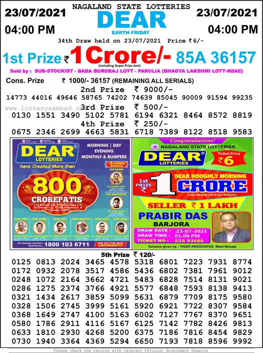 Lottery Sambad 6 PM result 23 Jul 2021