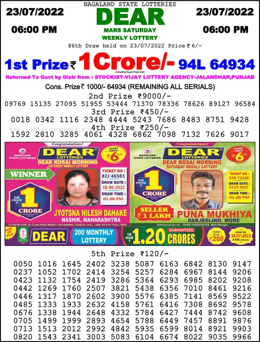 Lottery Sambad 6 PM result 23 Jul 2022