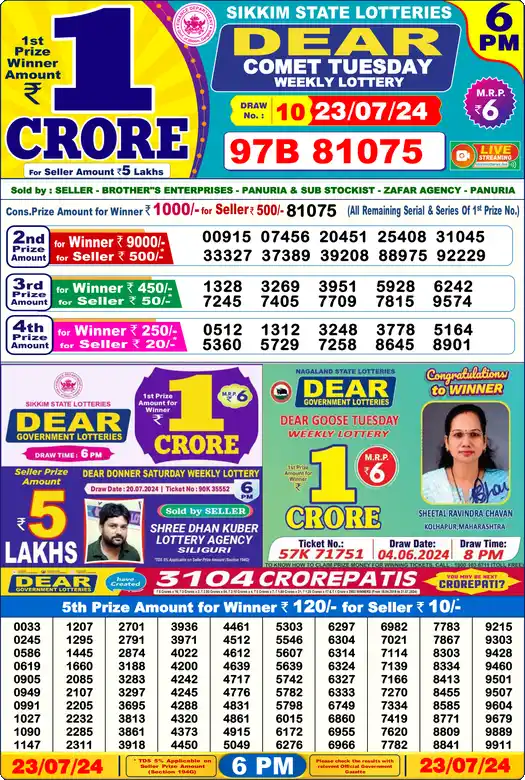 Lottery Sambad 6 PM result 23 Jul 2024