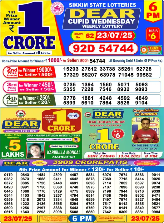 Lottery Sambad 6 PM result 23 Jul 2025