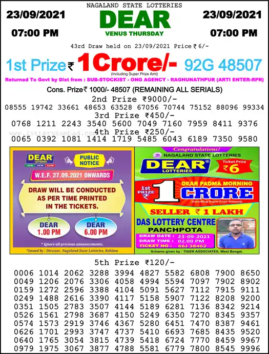 Lottery Sambad 6 PM result 23 Sep 2021