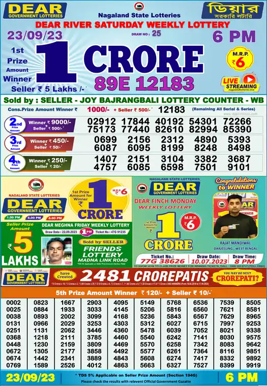Lottery Sambad 6 PM result 23 Sep 2023